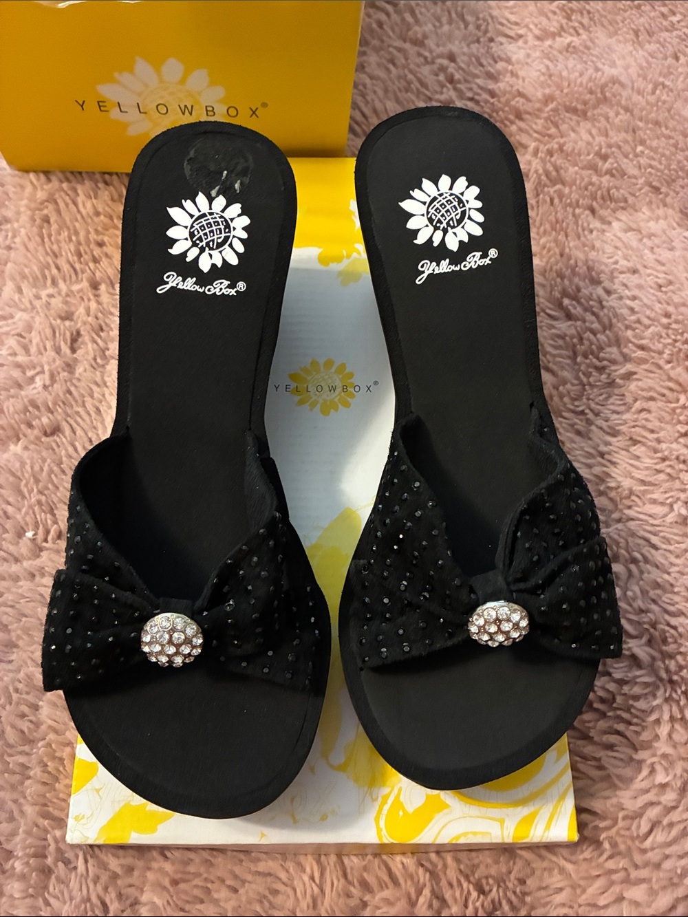 Yellow Box Black Bow Slide Mules with Rhinestone Button